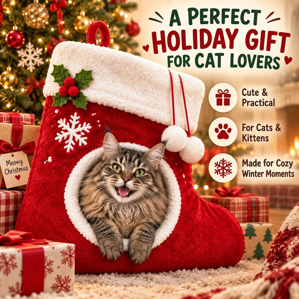 🎉🎄Christmas Stocking Cat Bed – Ultra-Soft Sherpa Cozy Hideaway for Cats 🐱