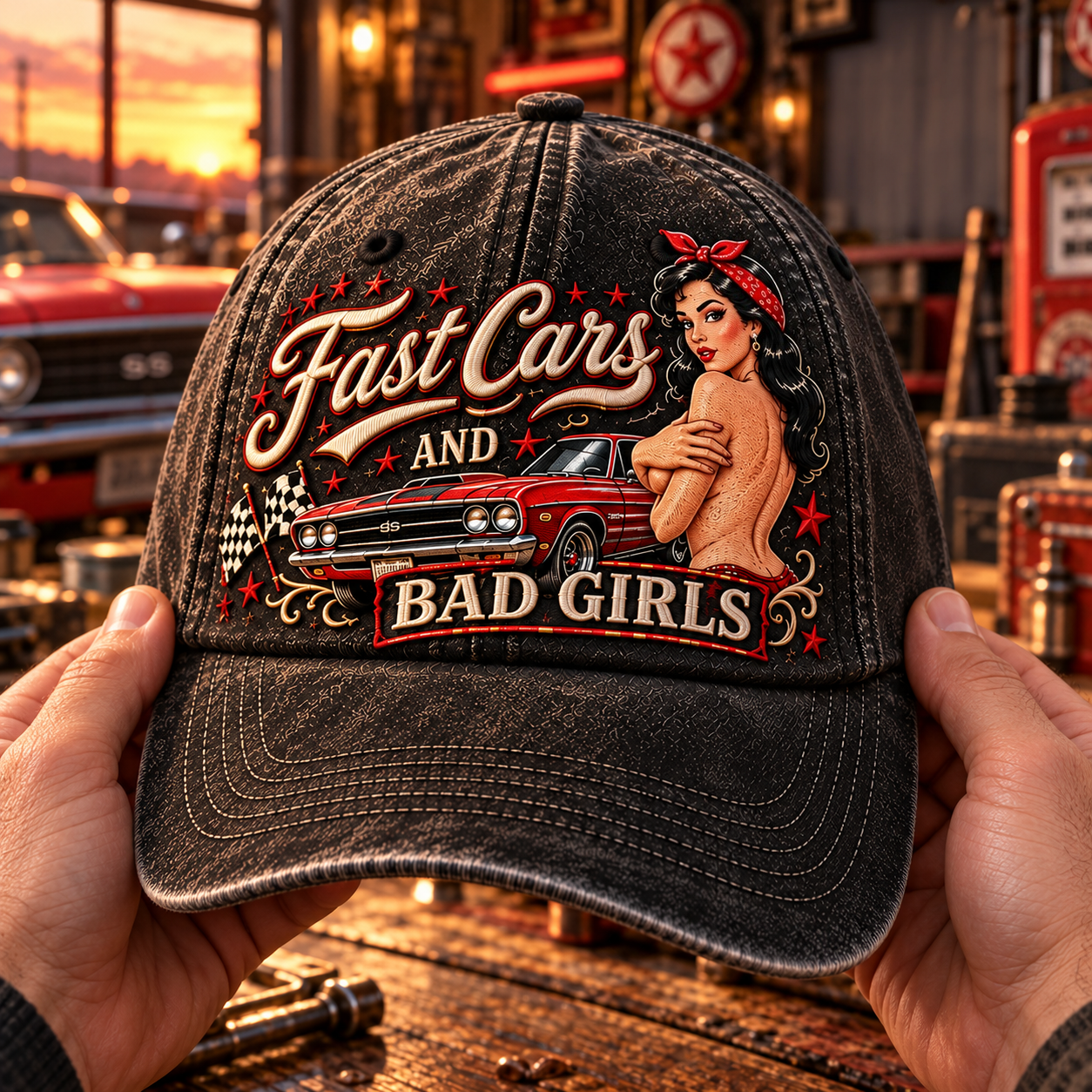 Close-up of retro pin-up girl, red muscle car, checkered flags and Fast Cars And Bad Girls cap lettering