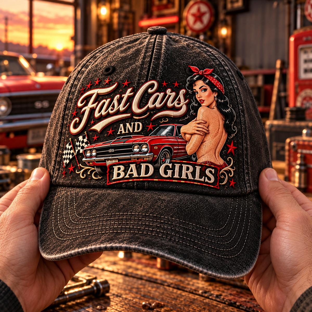 🏁🔥 Fast Cars And Bad Girls Retro Muscle Car Pin-Up Baseball Cap