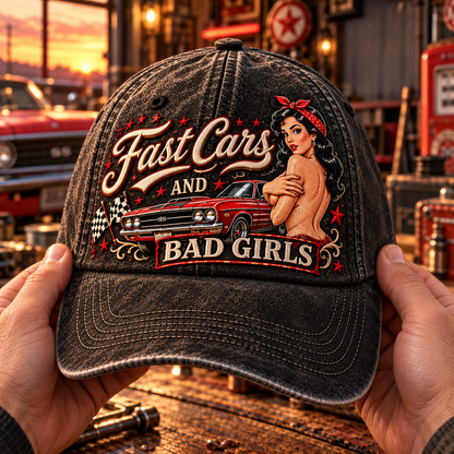 🏁🔥 Fast Cars And Bad Girls Retro Muscle Car Pin-Up Baseball Cap