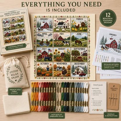 🔥 LAST DAY — 50% OFF! 🏡 12‑Month Seasons & Holidays Cross Stitch Kit — Relaxing DIY Craft for Beginners