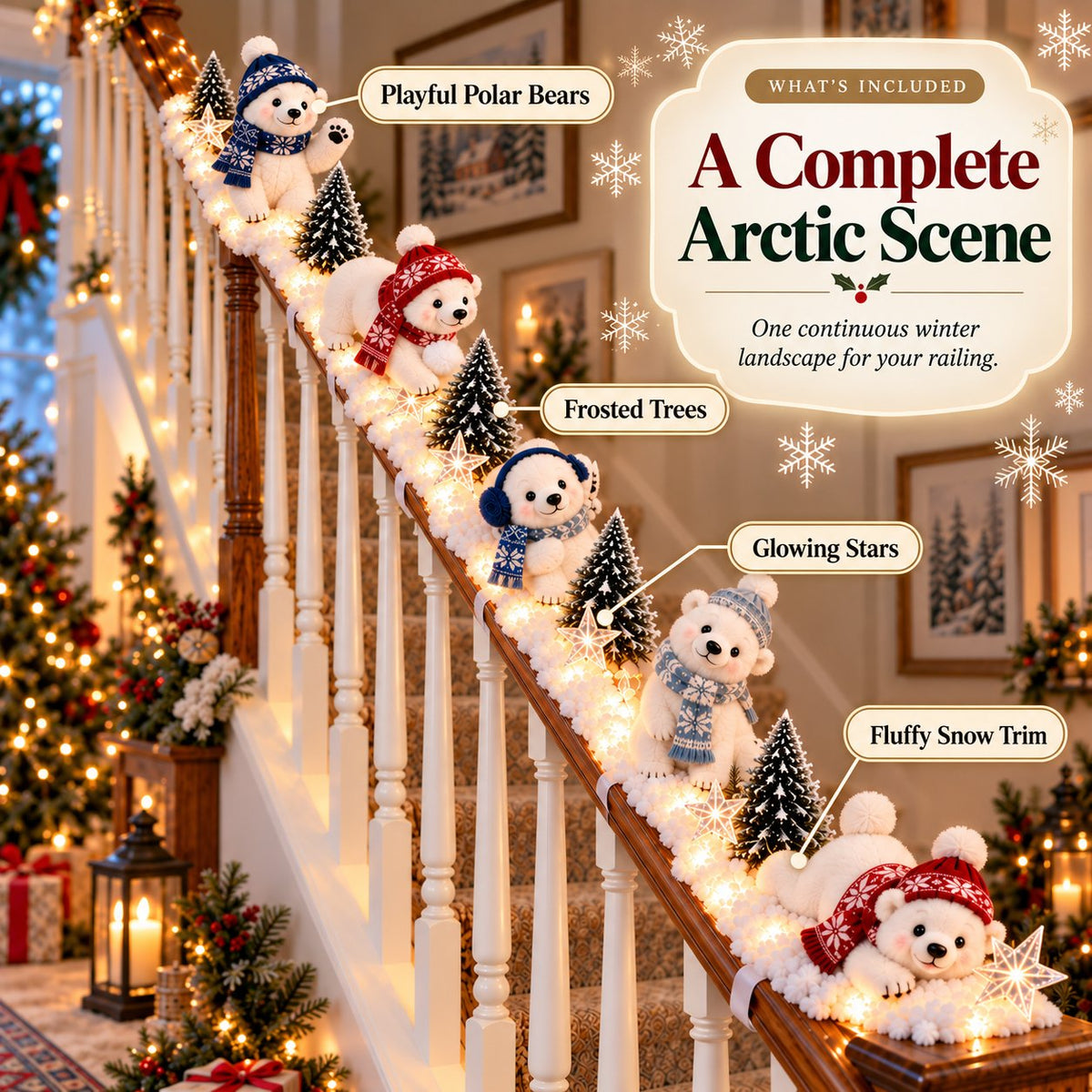 🐻‍❄️ Polar Bear Snowy Staircase Lighted Railing Décor