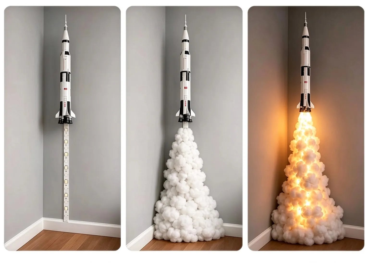 Three stages of rocket lamp construction showing support structure, cotton plume and illuminated final result