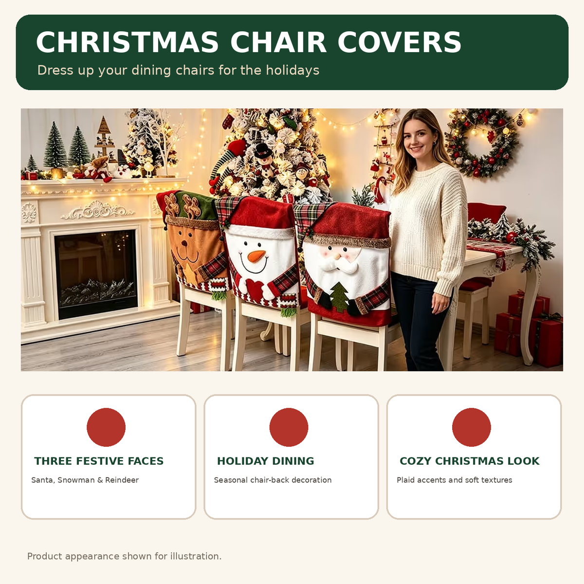 🎄 Christmas Character Chair Covers – Santa, Snowman & Reindeer Dining Decor