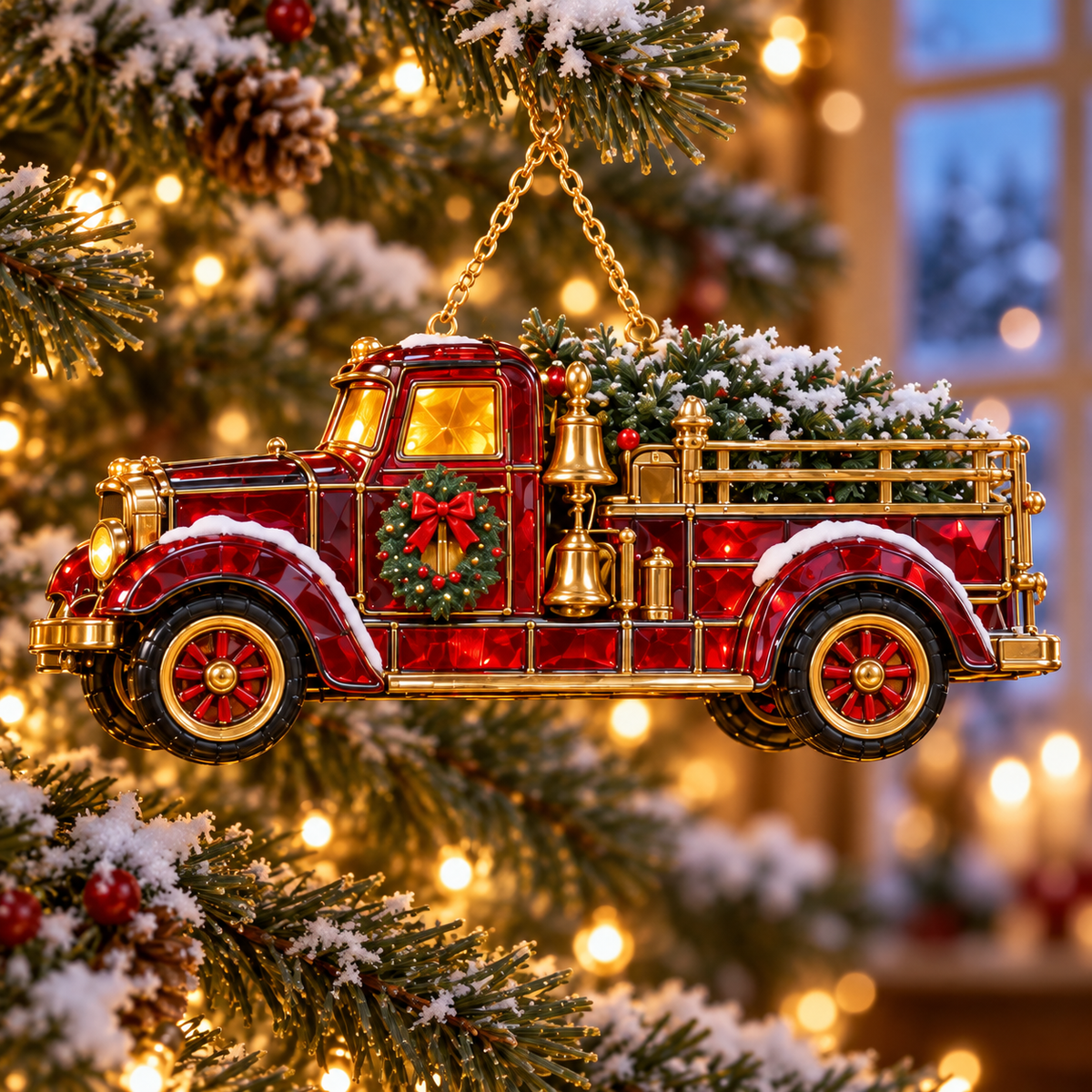 2026 Vintage Fire Truck Christmas Ornaments – Set of 6 | Stained-Glass Style with Festive Holiday Scenes & Golden Accents