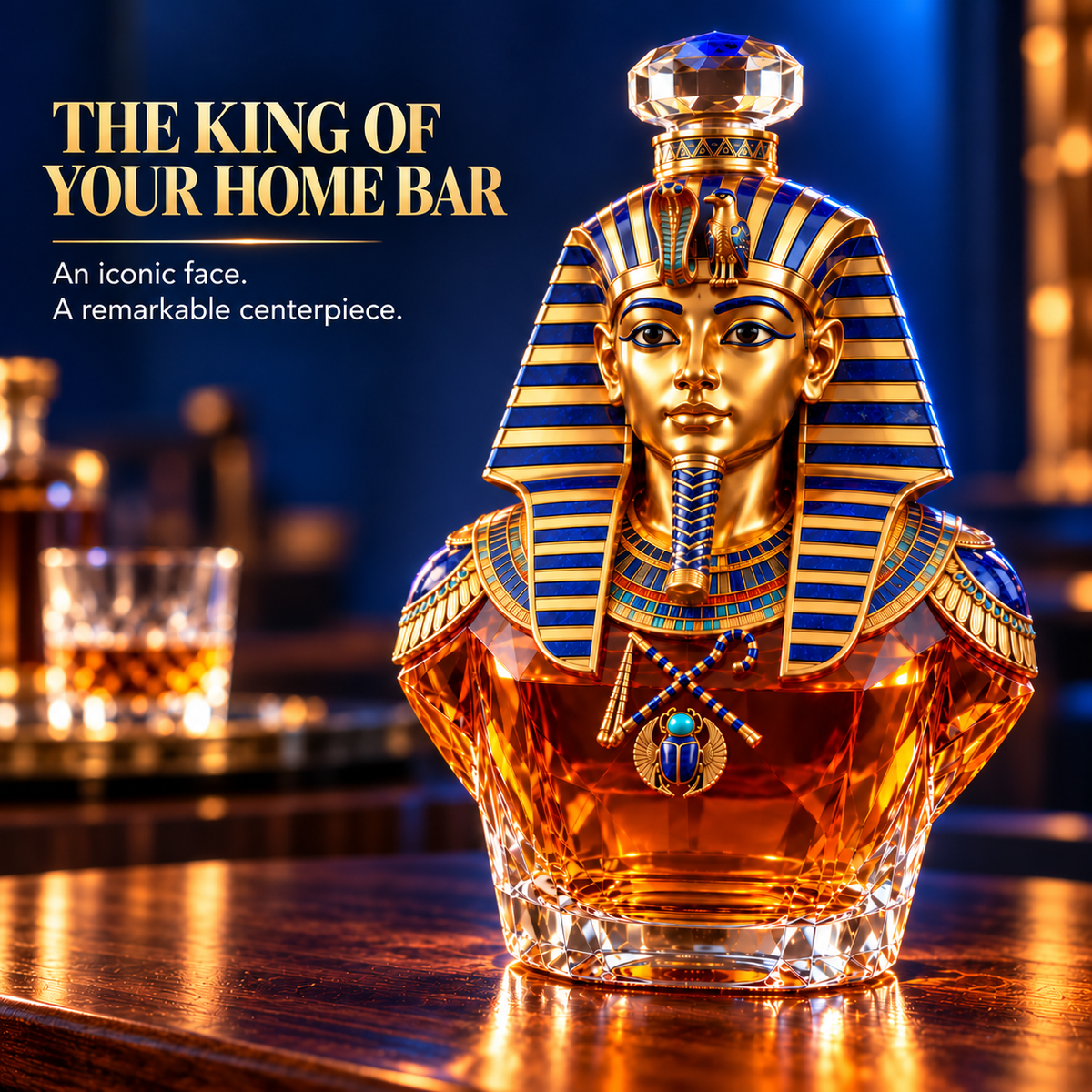 👑 Tutankhamun’s Legacy Whiskey Decanter — Blue & Gold Limited Custom Edition