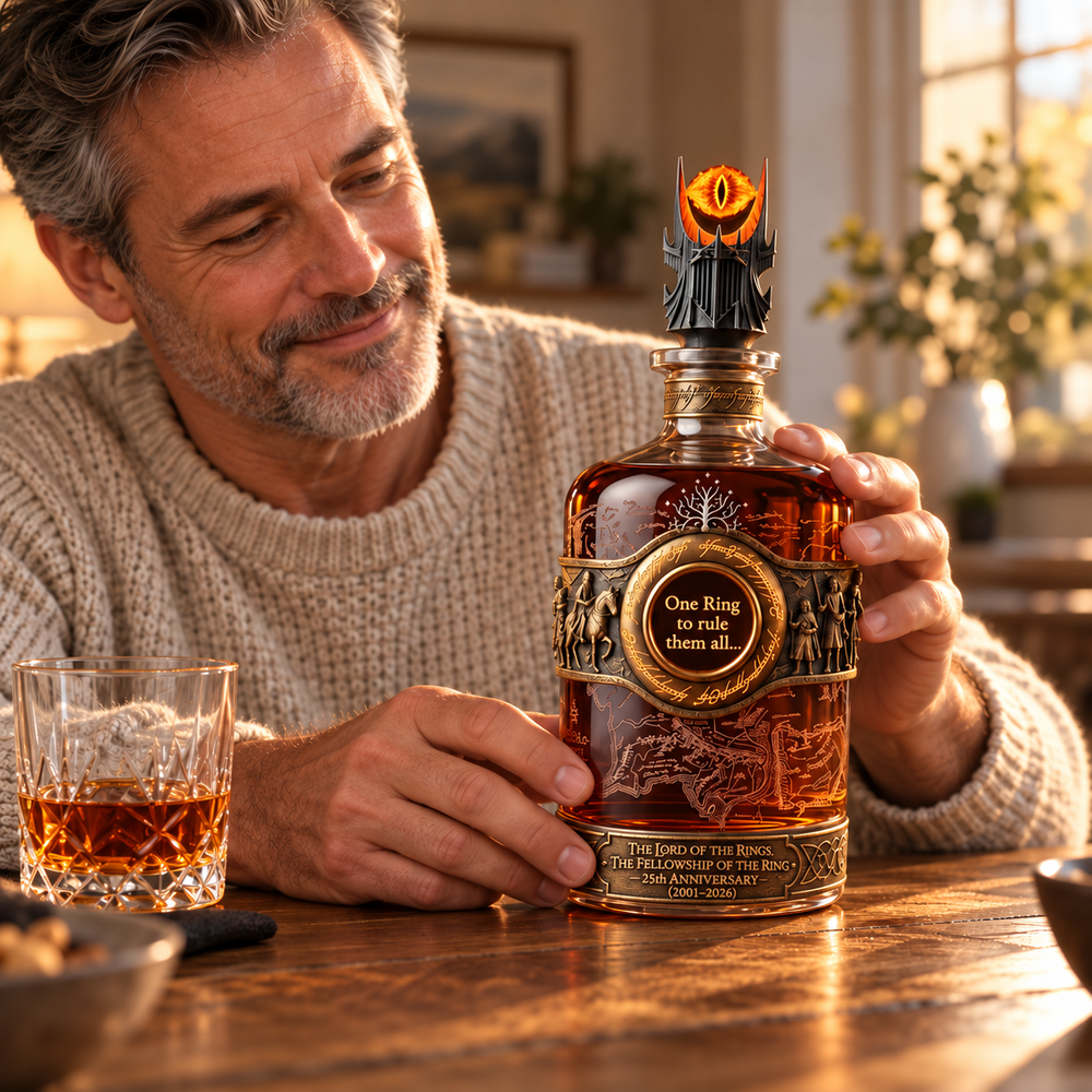 Fantasy collector holding the commemorative anniversary decanter in a cozy home setting