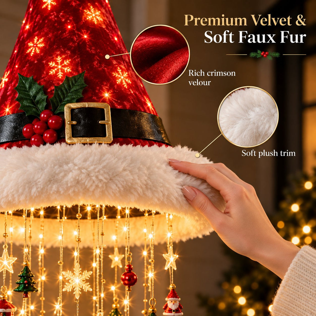 🎄 Hanging Santa Hat LED Tree Lights – Cascading Christmas Glow for Festive Holiday Decor 🎅