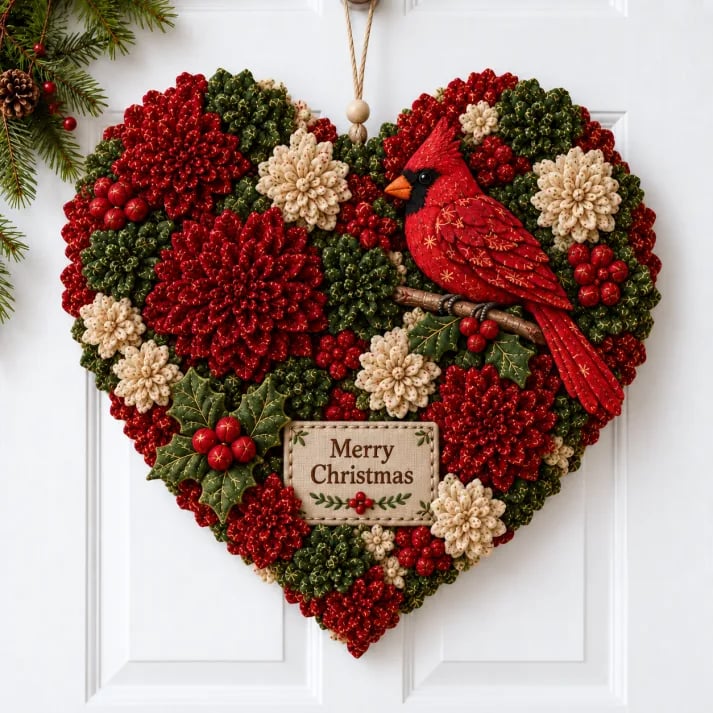 Cardinal Christmas fabric flower door hanging design