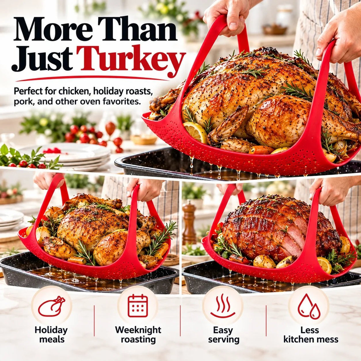 🔥🦃 BBQ & Thanksgiving Essential! 🍗 Heat-Resistant Silicone Turkey Roasting Sling 🍖✨ Easy-Lift Meat Lifter with Basting Tools 🧑‍🍳🍽️ Perfect for Turkey, Chicken & Holiday Roasts 🎄🎁