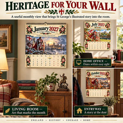 ⏳ Last Day 49% OFF – 🛡️ 2027 England St. George Wall Calendar | 12 Illustrated Monthly Scenes with Faith, Courage & Heritage 🇬🇧