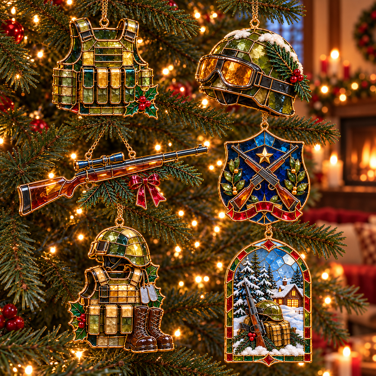 ✨ 2026 Military Christmas Ornaments – Set of 6 |  Vintage Stained Glass Tactical Vest, Military Helmet, Rifle & Soldier Gear Hanging Decorations | Christmas Tree Ornaments & Unique Gifts for Veterans & Military Families