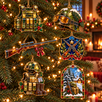 ✨ 2026 Military Christmas Ornaments – Set of 6 |  Vintage Stained Glass Tactical Vest, Military Helmet, Rifle & Soldier Gear Hanging Decorations | Christmas Tree Ornaments & Unique Gifts for Veterans & Military Families