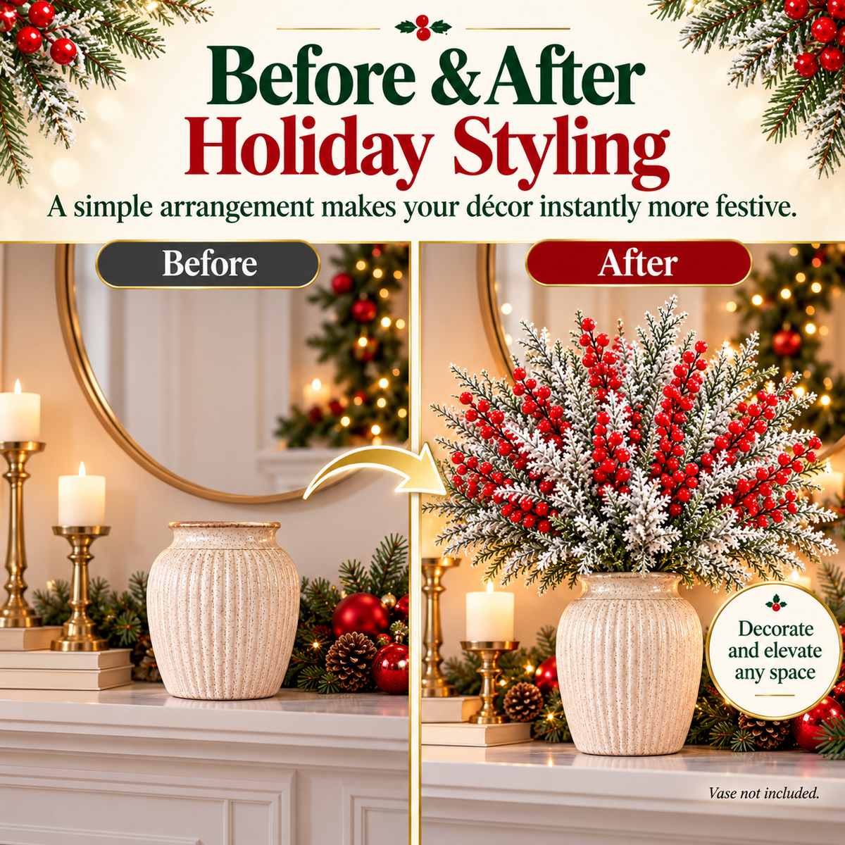 ❄️ Snow-Frosted Christmas Greenery & Red Berry Stems – Elegant Winter Home Decor 🎄