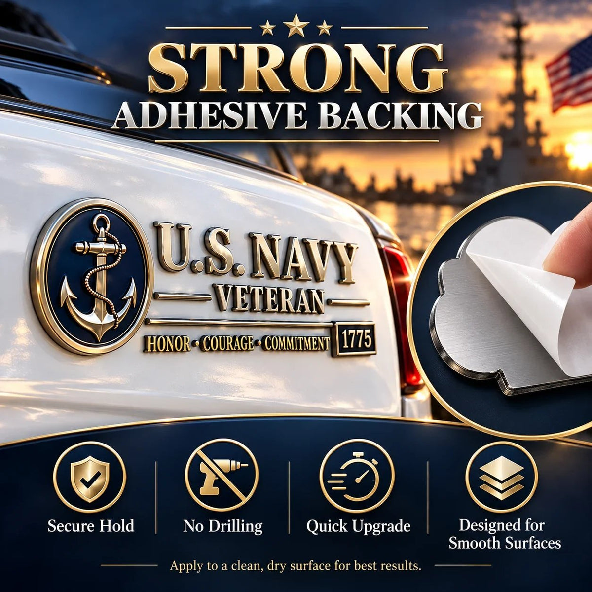 U.S. Navy Veteran Metal Car Emblem – 3D Adhesive Badge, No-Drill Military-Inspired Car & Truck Decoration