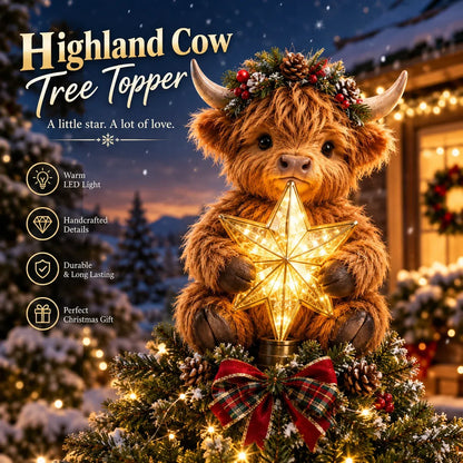 🐮 Baby Highland Cow Christmas Tree Topper with Glowing Star – 50 cm ✨