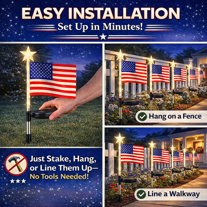 ☀️8-in-1 Solar American Flag Garden Stakes✨ IP65 Weatherproof & Auto-On Patriotic Decor