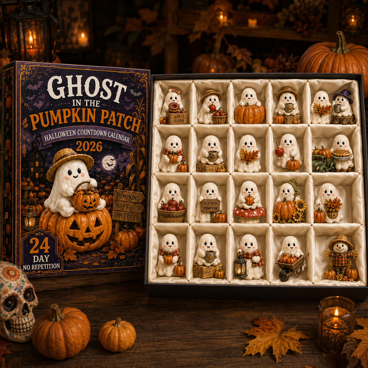Opened Ghost in the Pumpkin Patch Advent Calendar showing 24 individual ghost miniatures