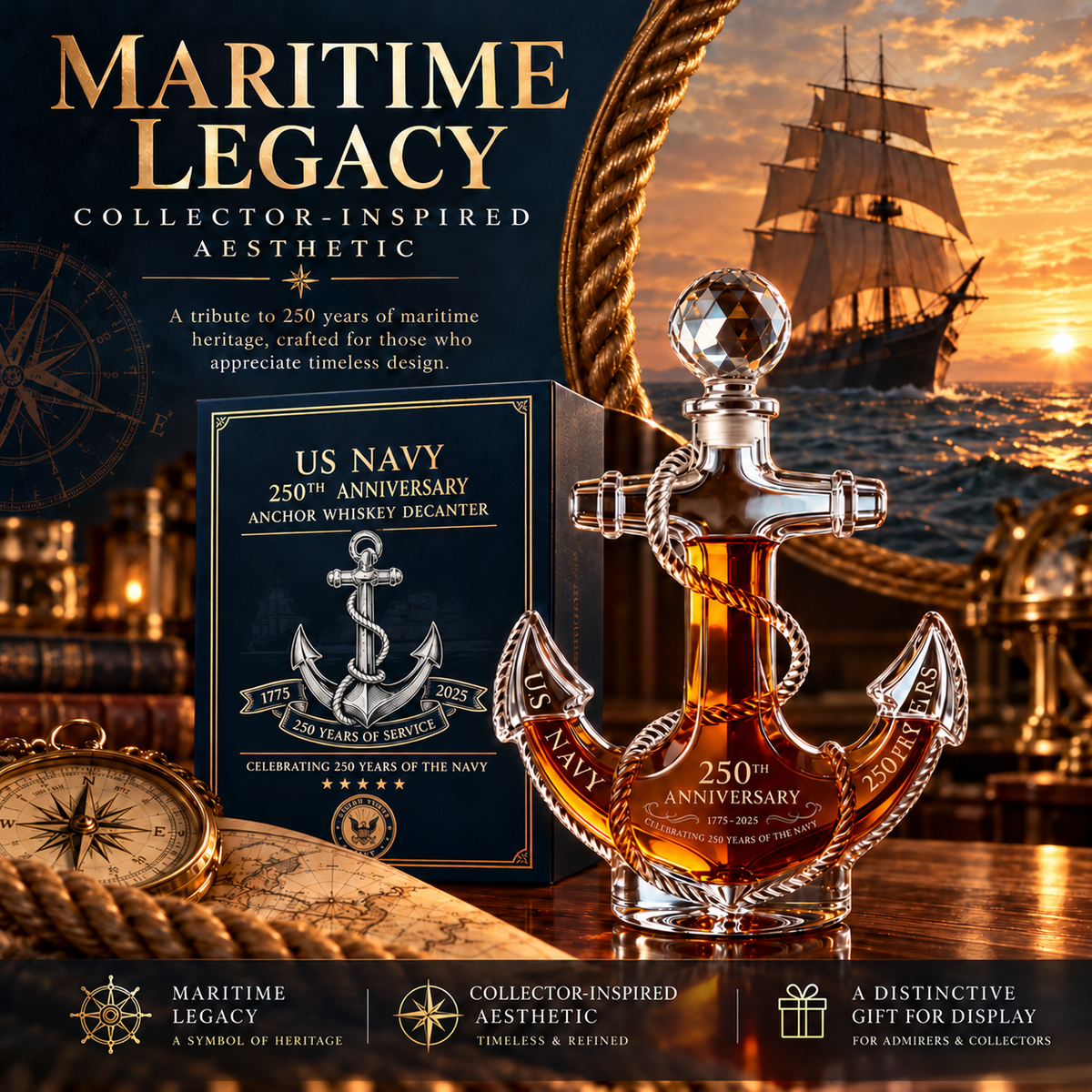 ⚓🇺🇸 U.S. Navy 250th Anniversary Anchor Whiskey Decanter 🥃