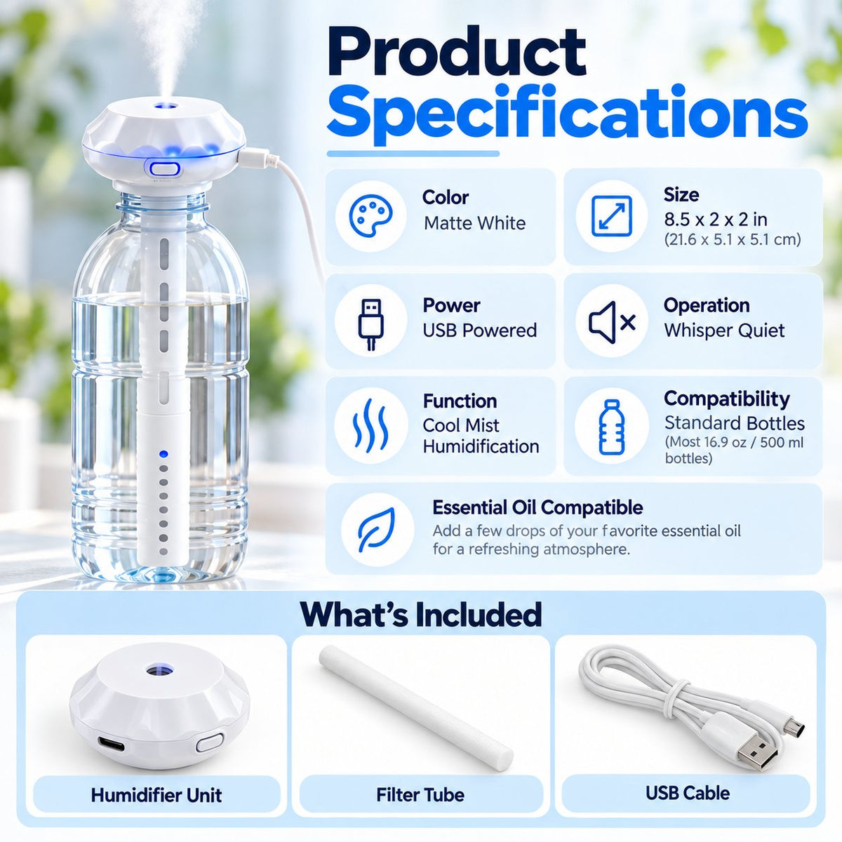 💧 Bottle-Top USB Humidifier Stick – Quiet, Portable Cool-Mist Aroma Diffuser ✨