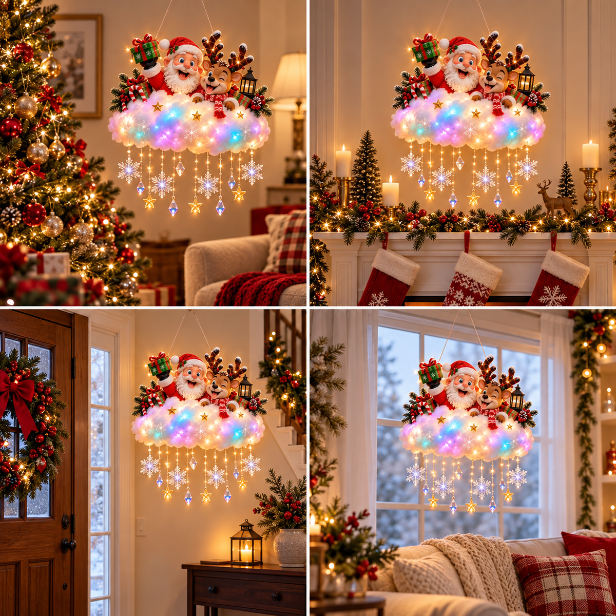 🔥 LAST DAY 50% OFF🔥 Light-Up Christmas Village Cloud Hanging Decoration with Santa, Snowman & Reindeer