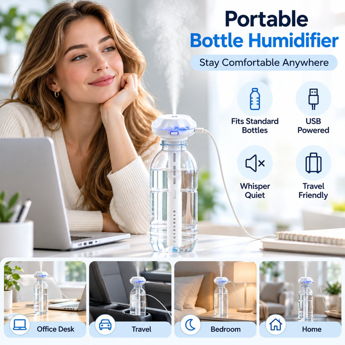 💧 Bottle-Top USB Humidifier Stick – Quiet, Portable Cool-Mist Aroma Diffuser ✨