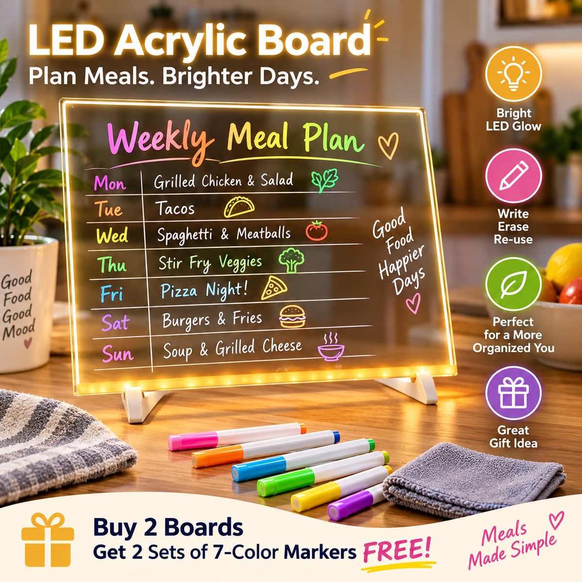 🎨 Reusable Acrylic LED Writing & Drawing Board – 7 Color Pens Included