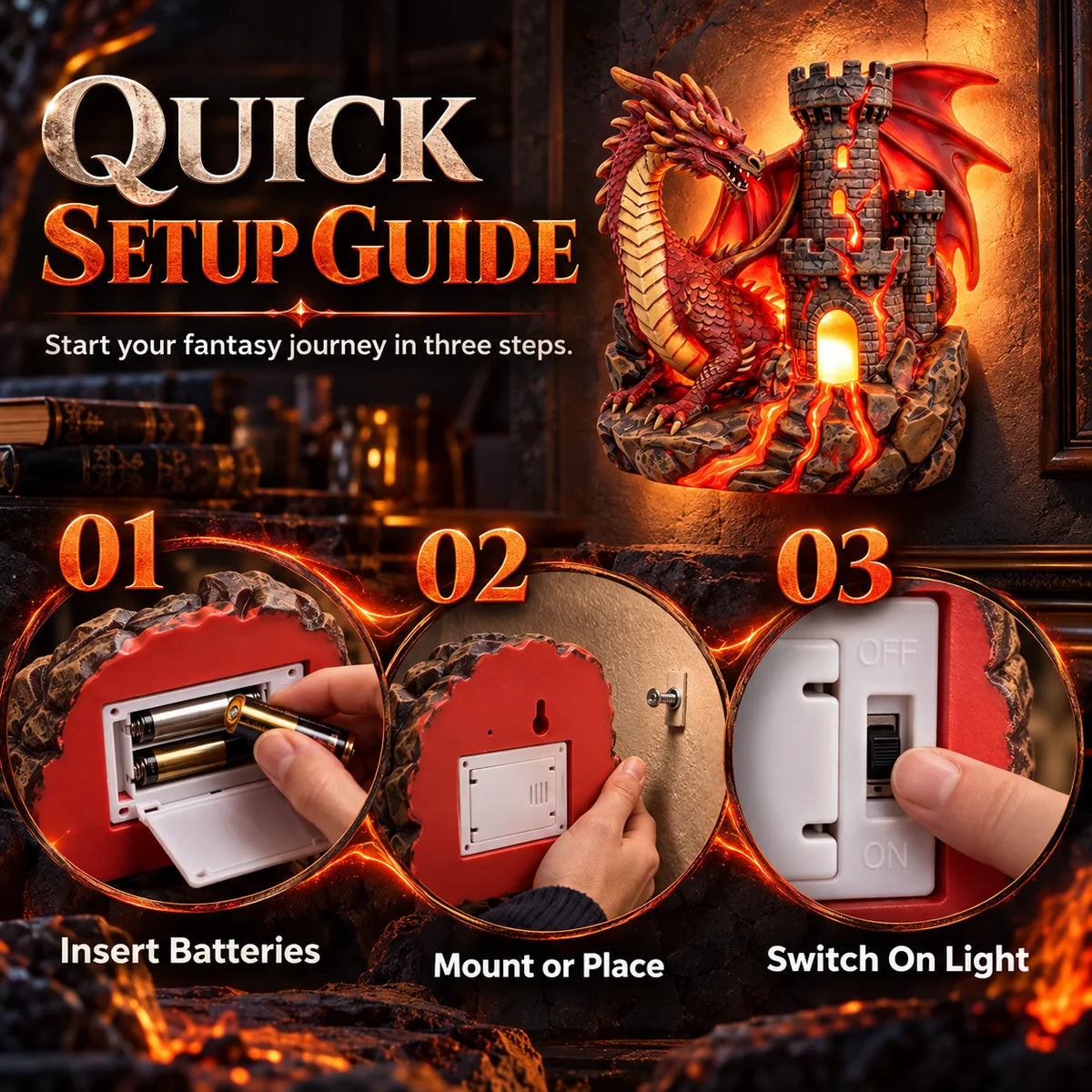 🏰 Mythical Accent Special 60% OFF 💥 Western Dragon and Castle Wall-Mounted LED Night Light Fantasy Lava Resin Ornament