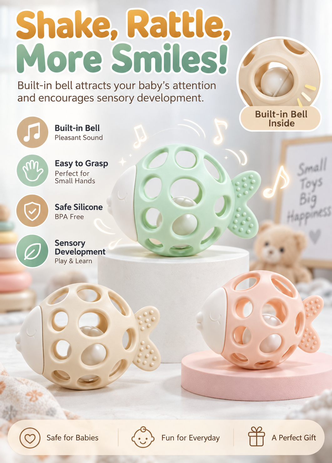 👶 Baby Silicone Rattle Teether 🍼 – BPA-Free Soft Gum Relief Sensory Toy for Newborns & Infants