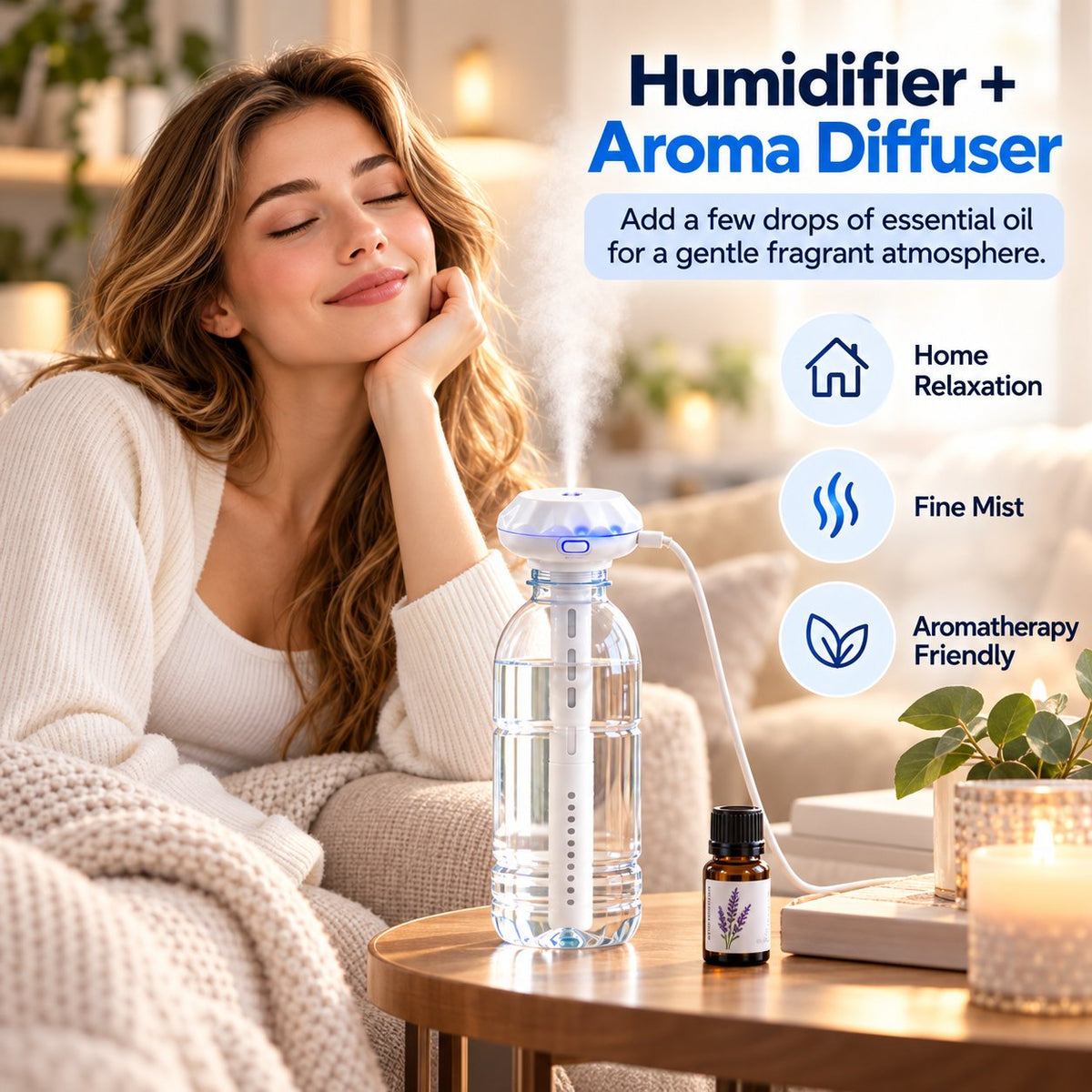💧 Bottle-Top USB Humidifier Stick – Quiet, Portable Cool-Mist Aroma Diffuser ✨