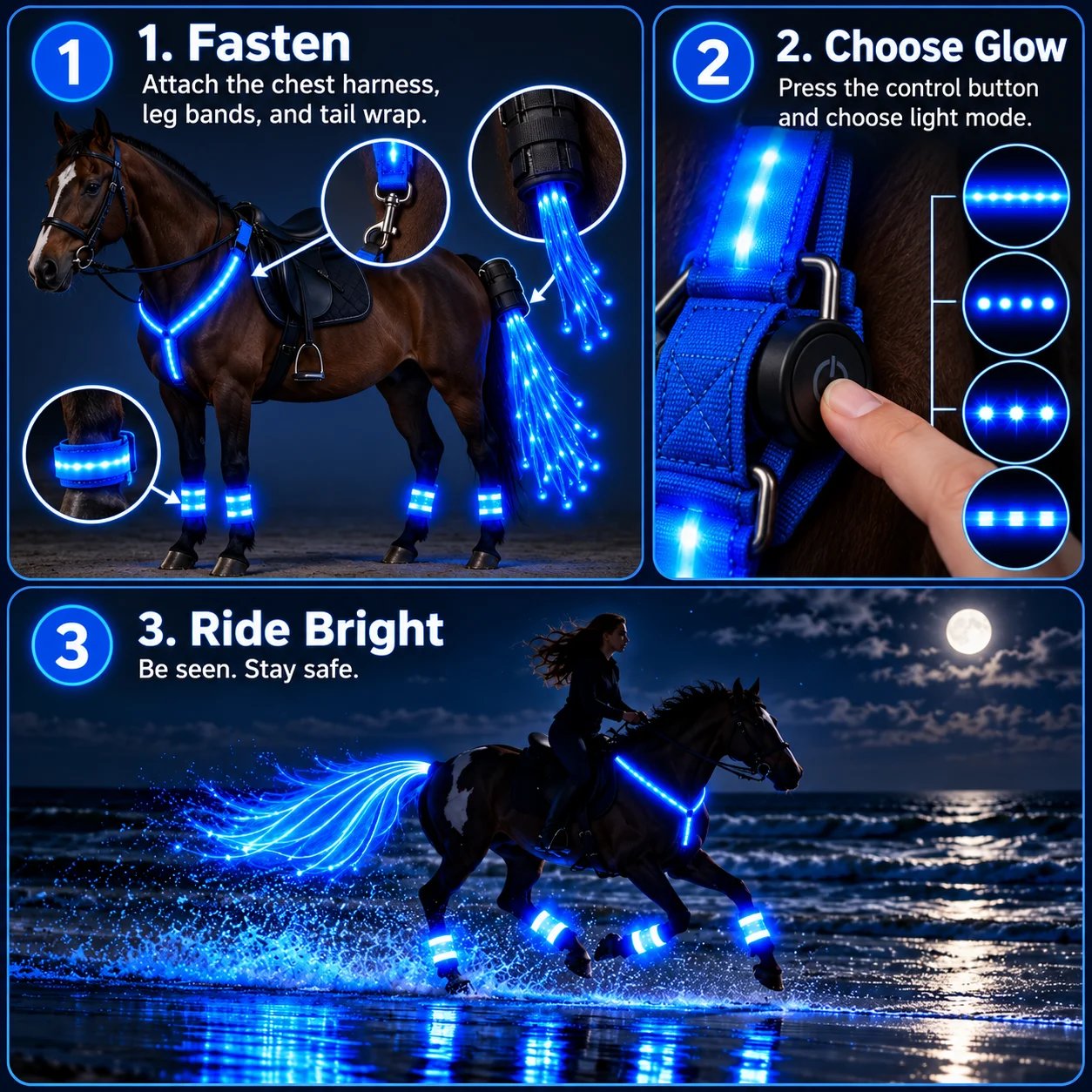 Three steps for attaching and using horse LED glow riding gear
