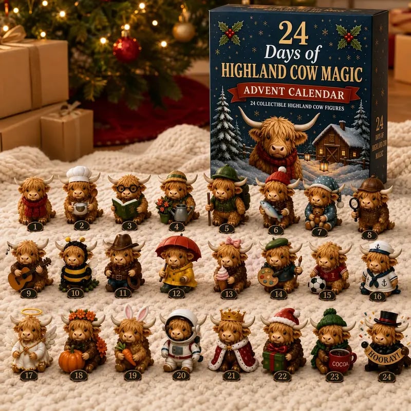 🐮 24-Day Highland Cow Advent Calendar – Festive Mini Figurine Collectible Set for Christmas Countdown