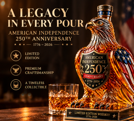 American Independence 250th anniversary eagle commemorative bottle in a dark premium display setting
