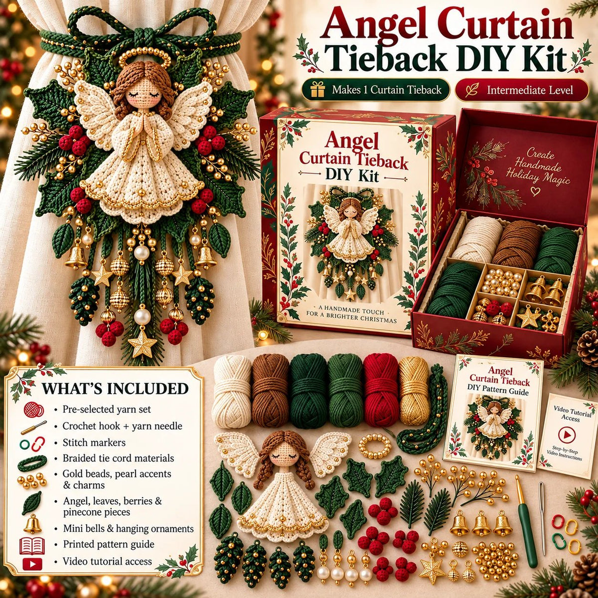 ⏳ Last Day 49% OFF – 🎄 Christmas Crochet Curtain Tieback DIY Kit | Beginner-Friendly Options, 8 Festive Designs 🧶