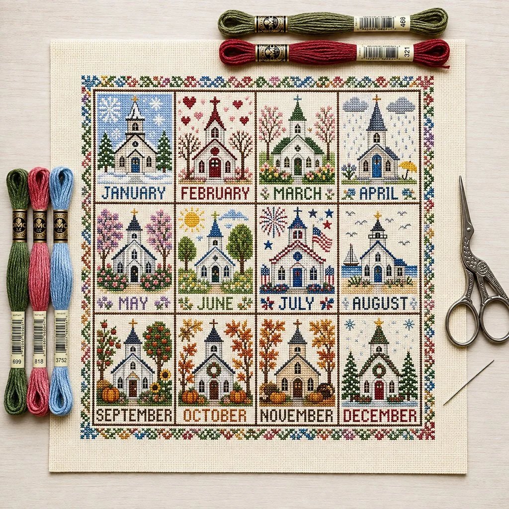 🔥 LAST DAY — 50% OFF! 🏡 12‑Month Seasons & Holidays Cross Stitch Kit — Relaxing DIY Craft for Beginners
