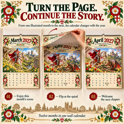 ⏳ Last Day 49% OFF – 🛡️ 2027 England St. George Wall Calendar | 12 Illustrated Monthly Scenes with Faith, Courage & Heritage 🇬🇧