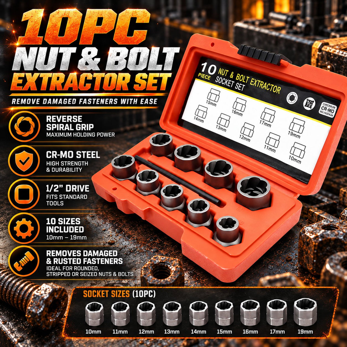 10/14-Piece Screw Extractor Set – Remove Stripped, Broken & Stuck Bolts with Ease