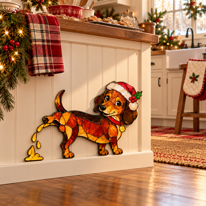 🐕🎄 Funny Peeing Dachshund Christmas Decoration – Cheeky Stained-Glass-Style Holiday Decor