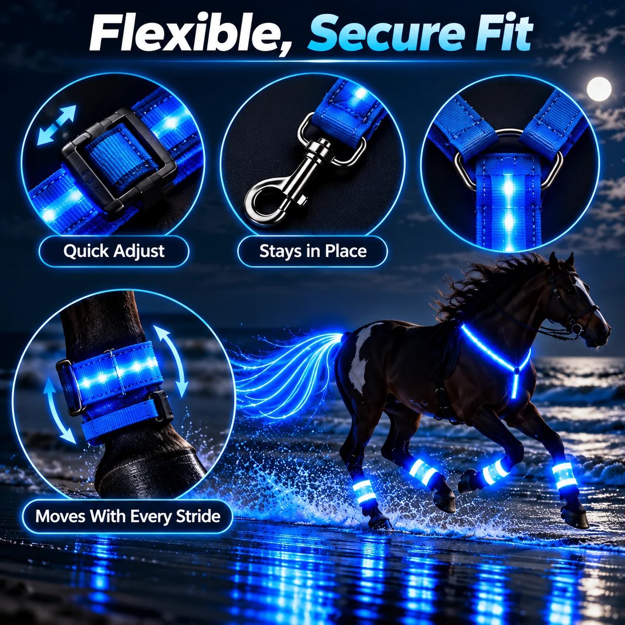 Flexible adjustable illuminated horse harness moving during a ride
