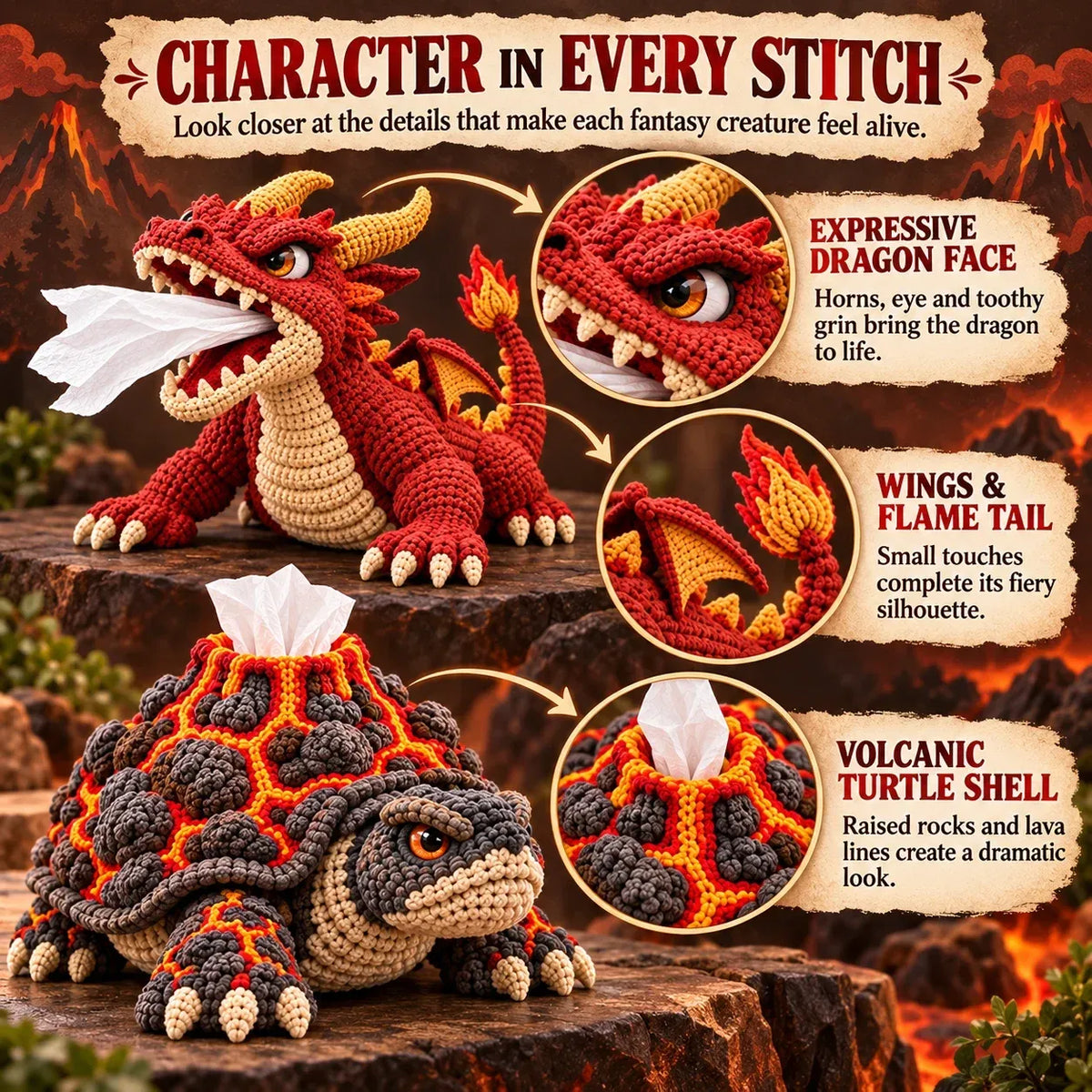 🐉 Fantasy Crochet Tissue Box Cover DIY Kit – Fire-Breathing Dragon or Lava Turtle 🧶