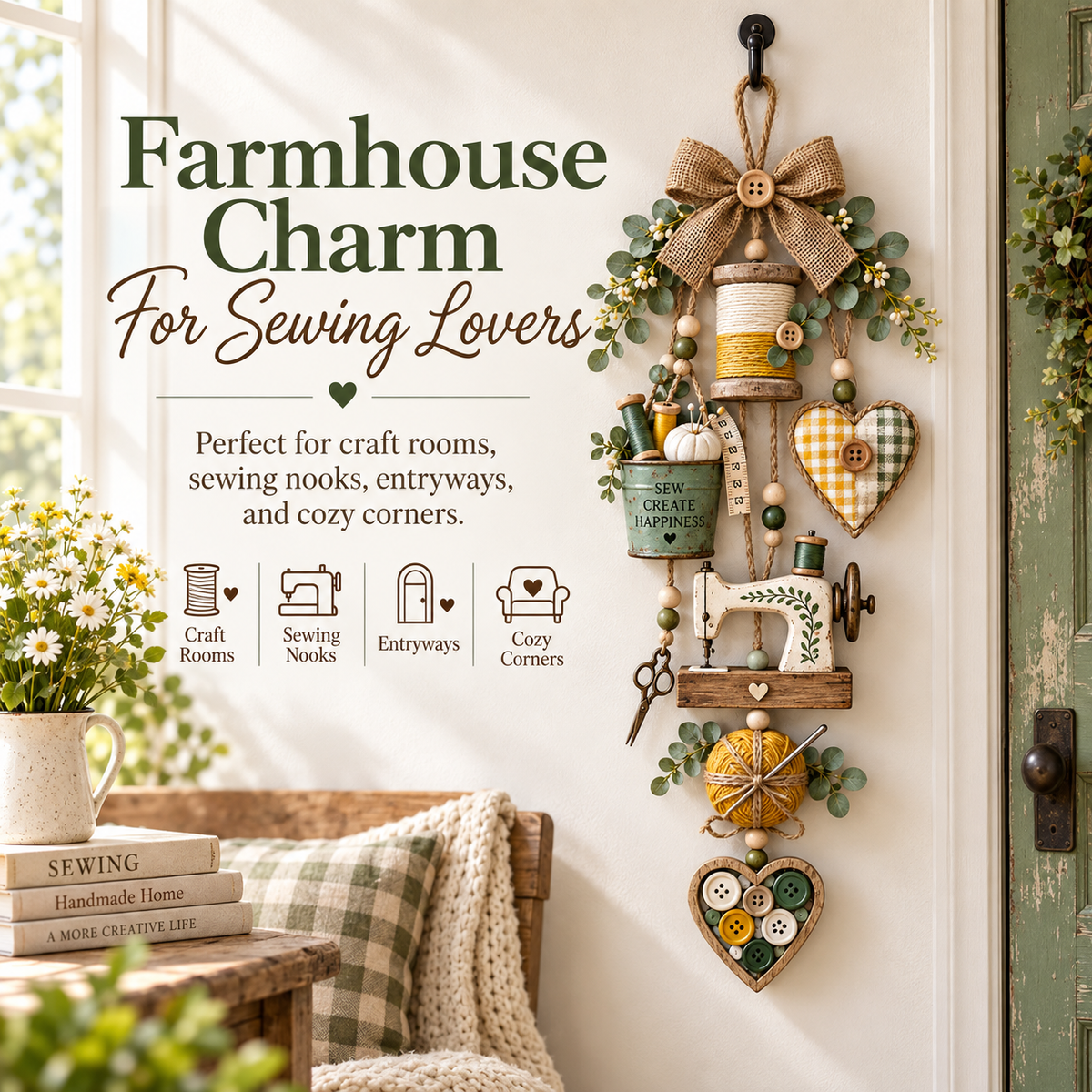 🧵✨ Sewing Lover’s Rustic Farmhouse Wall Hanging with Warm Fairy Lights