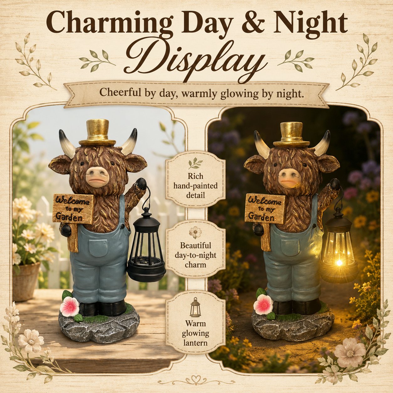 Highland cow garden lantern shown in daylight and after dark