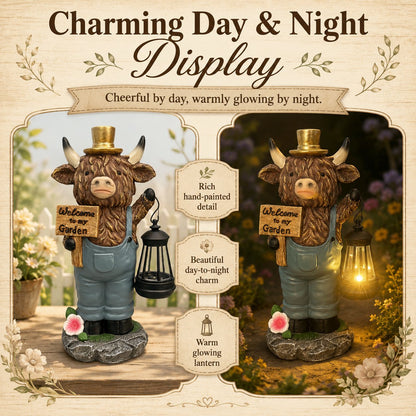 🐮🏮 Highland Cow Solar Garden Lantern Statue – Rustic Farmhouse Glow for Garden & Porch ✨