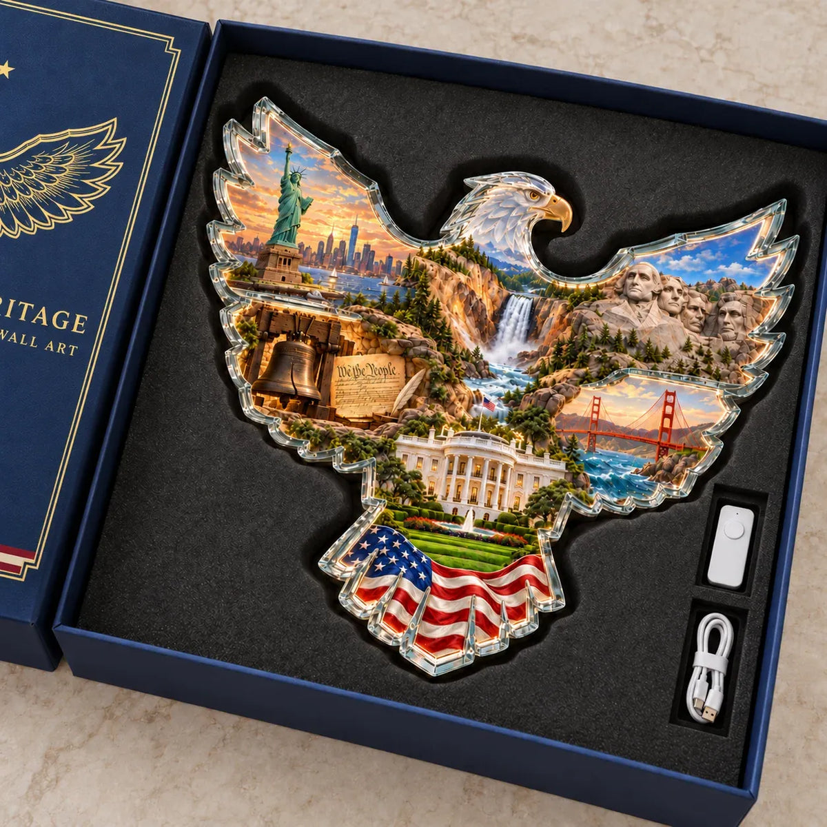 🦅 American Heritage Light-Up Eagle Wall Art – 6 Iconic U.S. Landmarks 🇺🇸