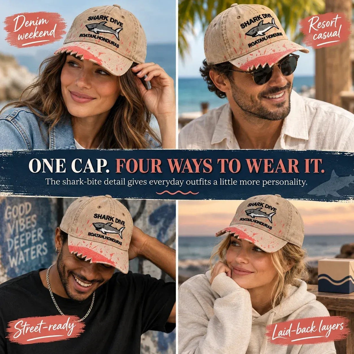 🎉🦈 Shark Bite Baseball Cap | Embroidered Shark • Bite-Shaped Frayed Brim