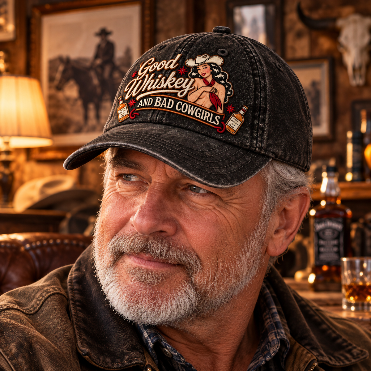 🤠🥃 Good Whiskey And Bad Cowgirls Retro Western Pin-Up Baseball Cap