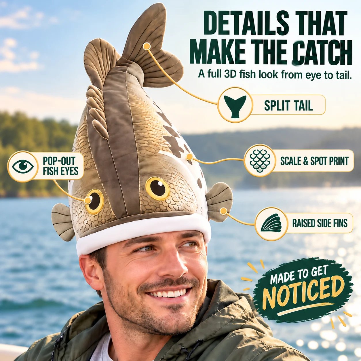 Detailed three-dimensional fish hat showing round eyes, side fins, scale-print fabric and upright tail