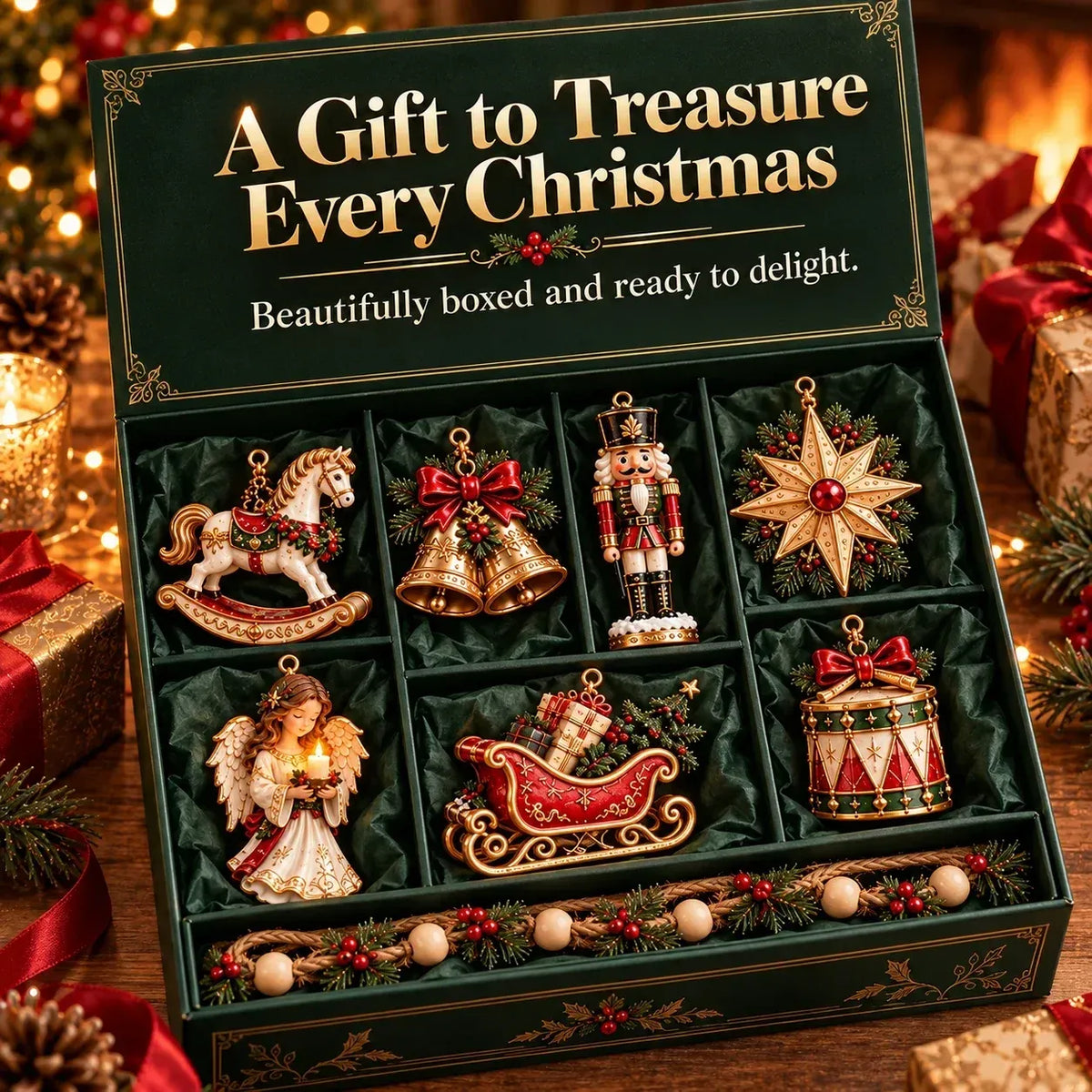 🎄 7-Piece Vintage-Style Christmas Garland Set | With Detachable 3D Ornaments