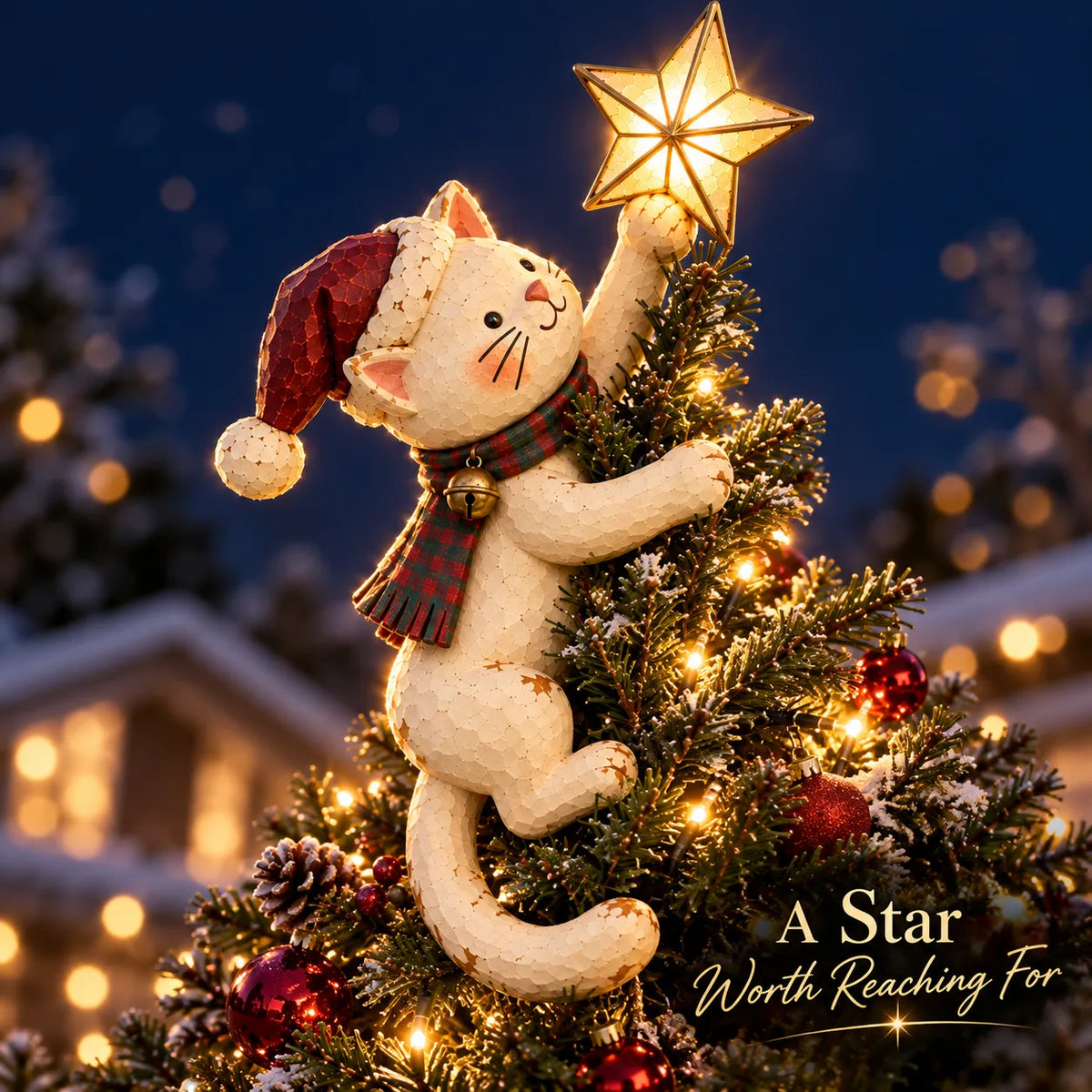 🐱 Light-Up Christmas Cat Tree Topper – Cute Climbing Kitty Holding a Glowing Star ⭐🎄