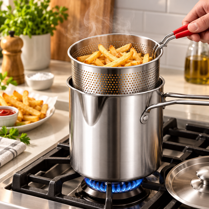 🍳Multifunctional 304 Stainless Steel Fryer – Deep Frying Pot with Strainer Basket✨